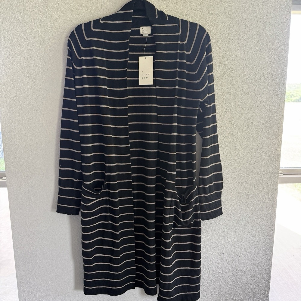 A New Day Women's Size XS Duster Cardigan Black/Taupe Striped